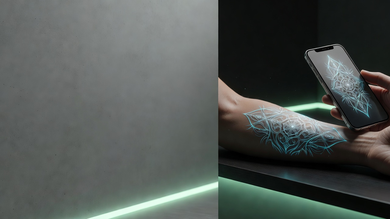 KI-generiertes Tattoo-Design auf Basis einer handgezeichneten Skizze, per AR-Technologie am Arm einer Person in der Vorschau angezeigt