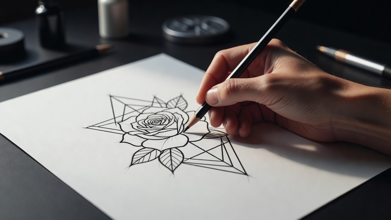 Nahaufnahme einer handgezeichneten Tattoo-Skizze mit klaren Proportionen, vorbereitet für die KI-Tattoo-Generierung