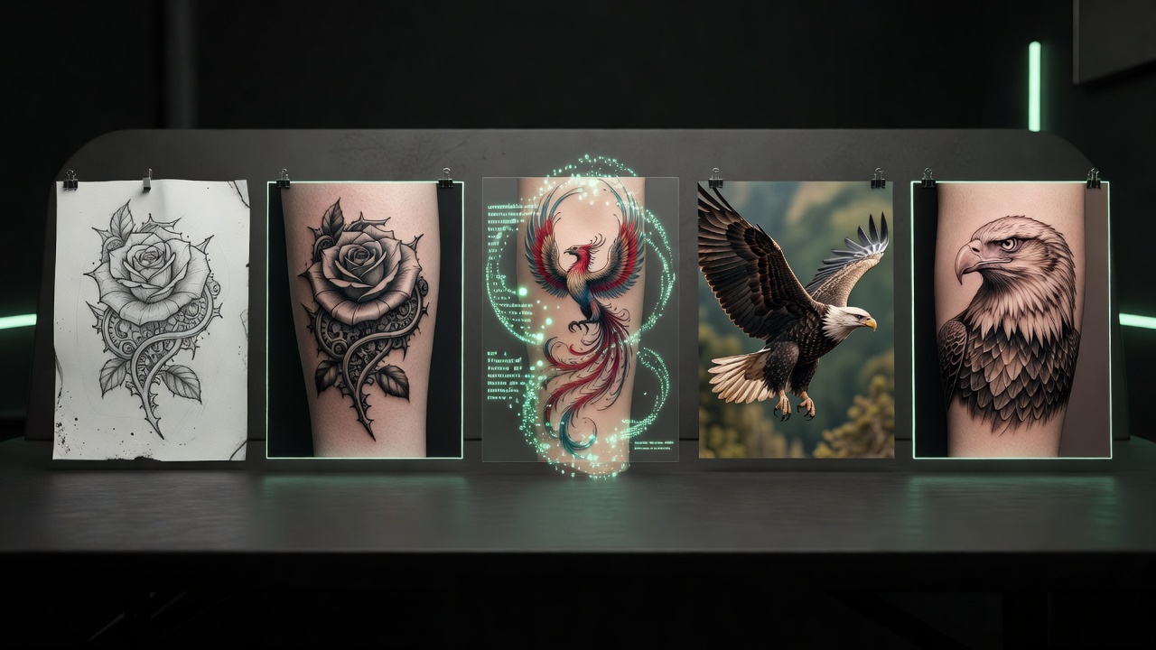 Vergleich der KI-Generierungsmethoden Skizze-zu-Tattoo, Text-zu-Tattoo und Foto-zu-Tattoo nebeneinander