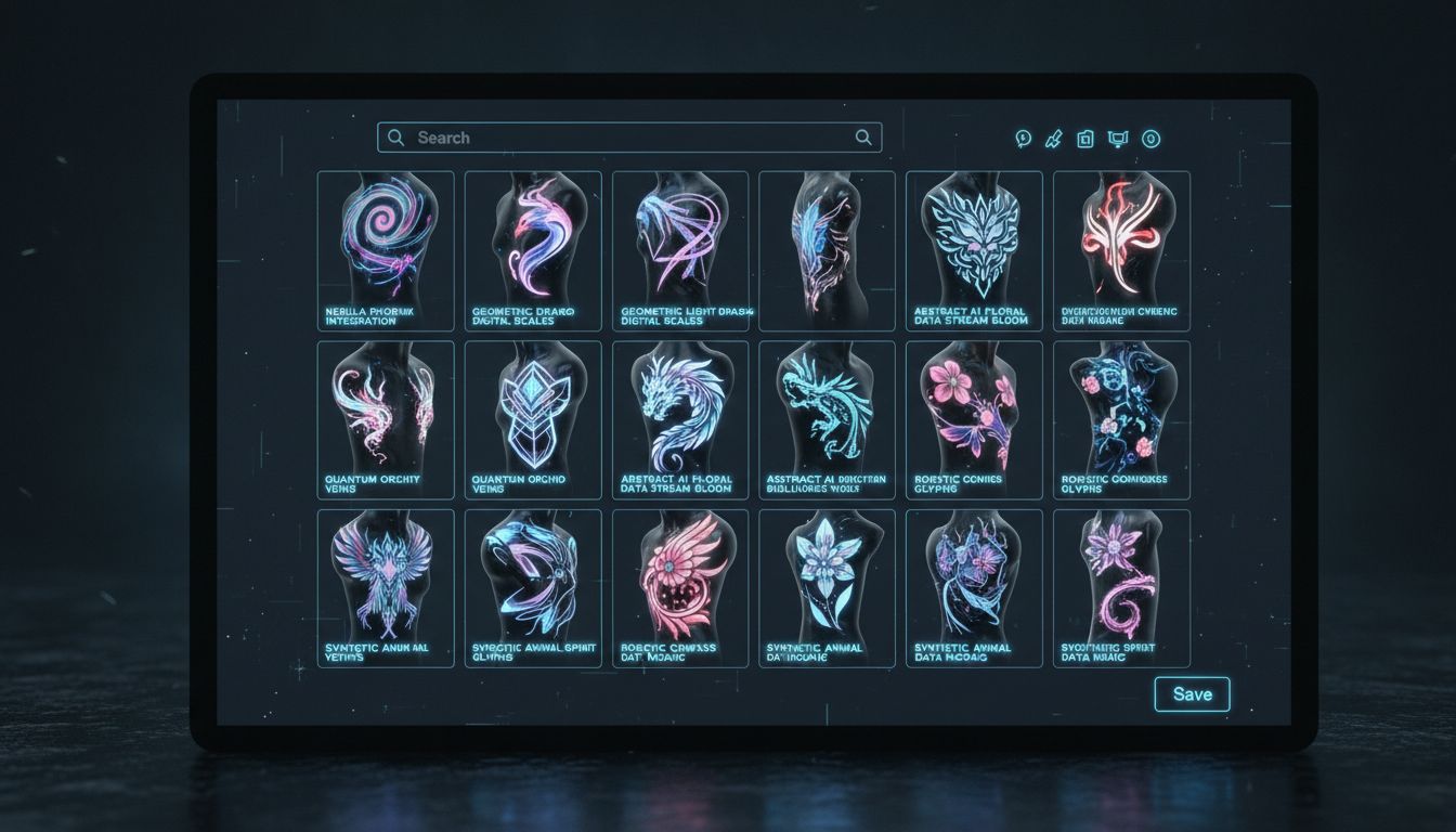 Gallery of creative AI-generated tattoo designs with their original text prompts shown