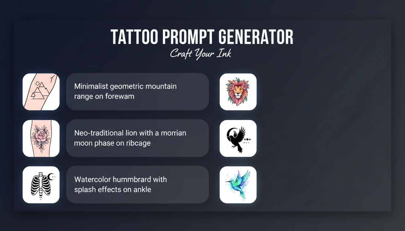 Multiple example text prompts shown with their corresponding AI-generated tattoo designs