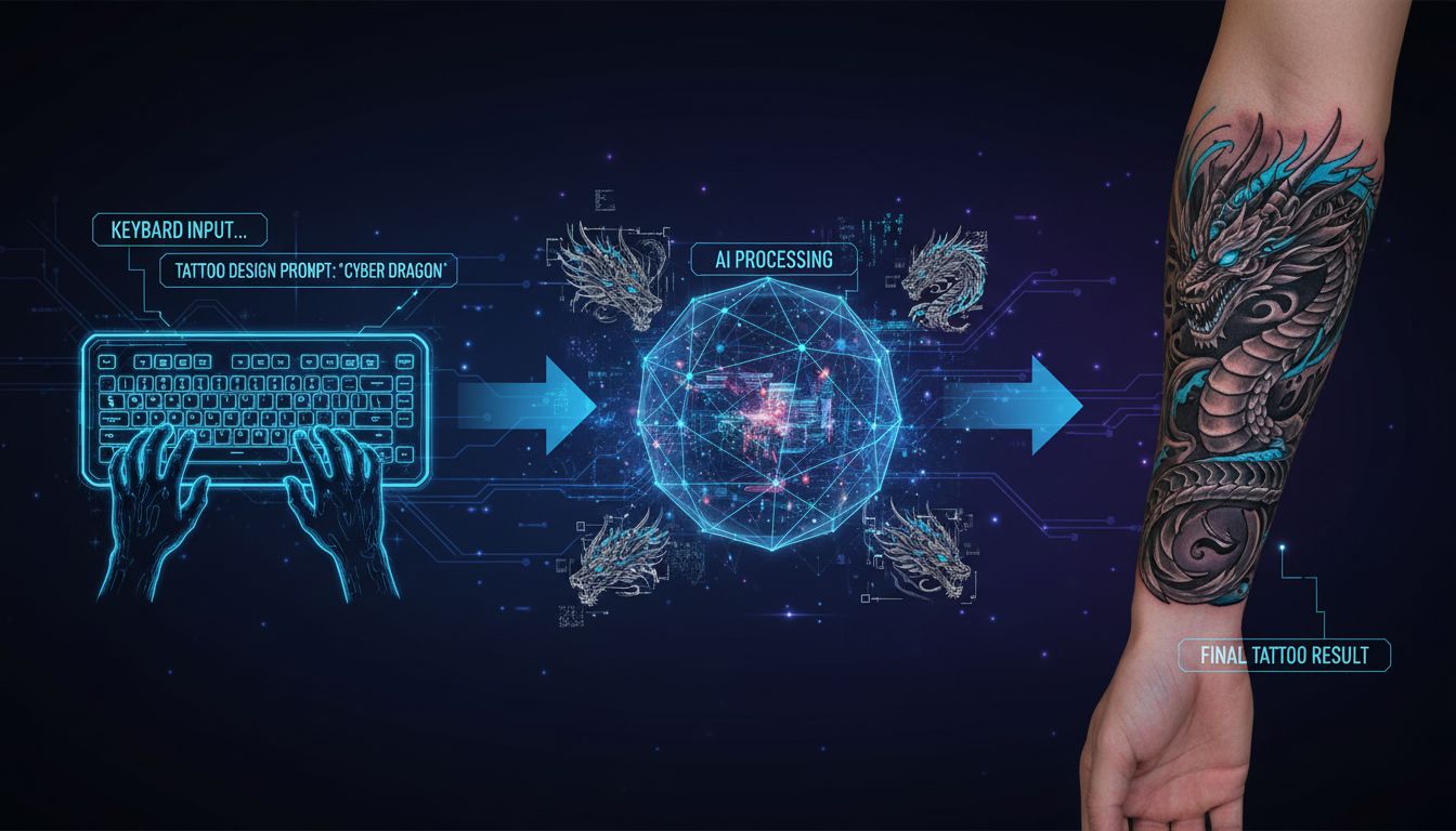 Step-by-step process showing text input transforming through AI processing into final tattoo design