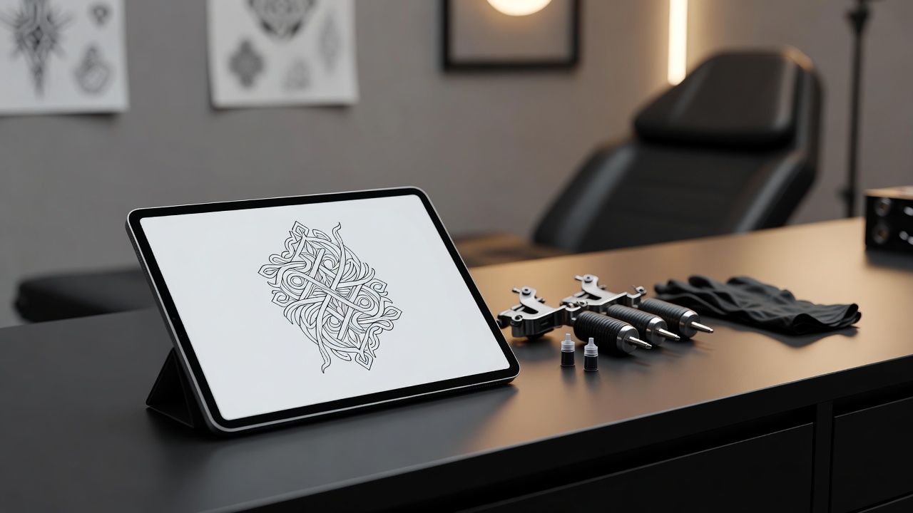 Desain tato resolusi tinggi yang diekspor dari generator AI online ditampilkan di tablet di samping peralatan tato sebagai referensi seniman