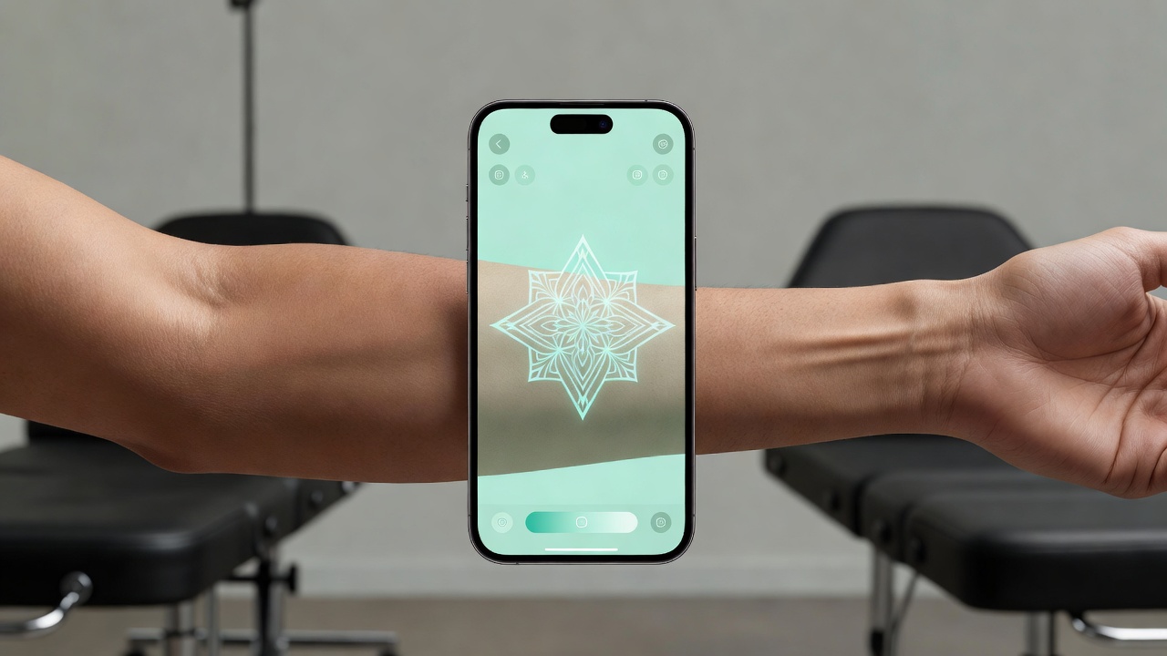 Try-on tato AR di generator tato AI online menempatkan desain custom pada lengan bawah dalam skala nyata untuk memeriksa ukuran dan penempatan