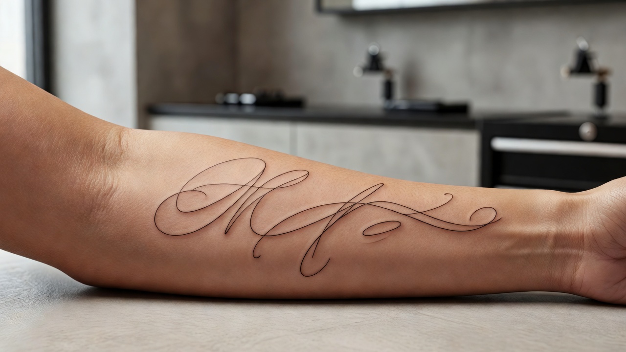 Délicat tatouage de prénom en script fin courant le long d'un avant-bras, conçu avec un générateur de lettrage de tatouage IA