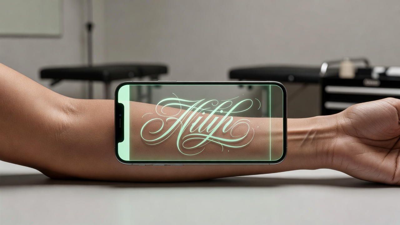 Aperçu en RA d'un tatouage de lettrage script projeté sur un avant-bras avec une application de générateur de lettrage de tatouage IA