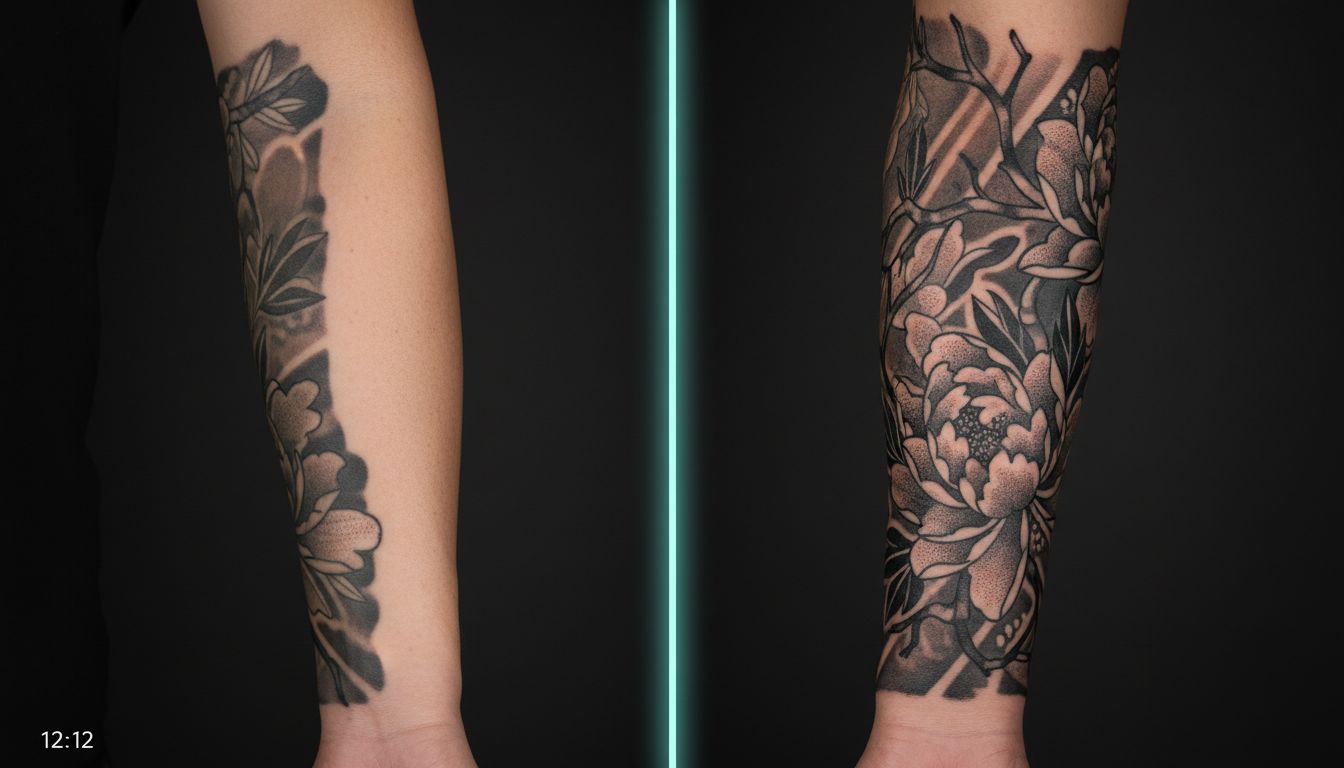 Side by side comparison of laser tattoo removal results versus AI designed cover up tattoo
