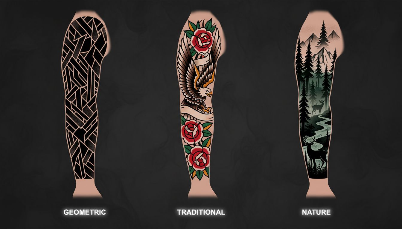 Three different half-sleeve tattoo design options showing various styles