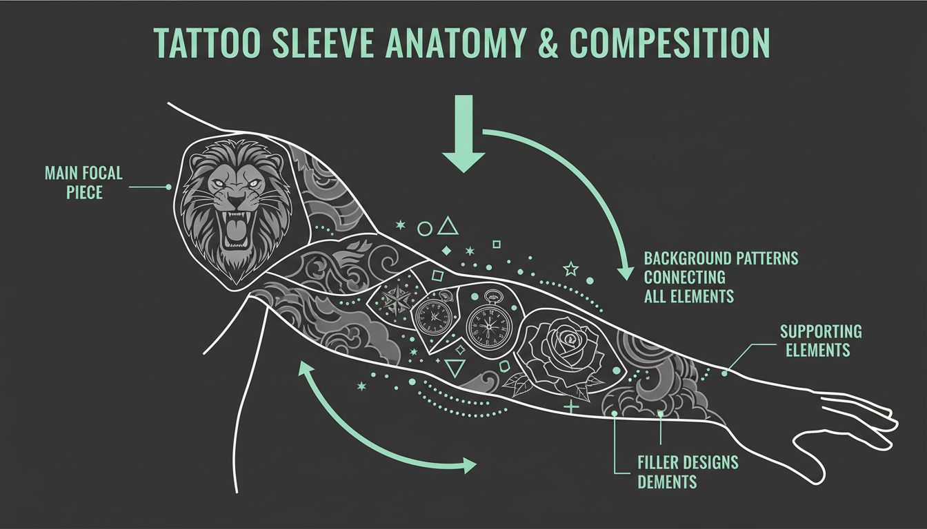Diagram showing how sleeve elements connect with labels for main piece, fillers, and background