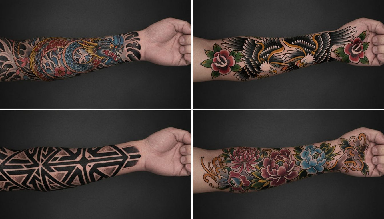 Same arm template showing four different sleeve styles: Japanese, American traditional, blackwork, neo-traditional