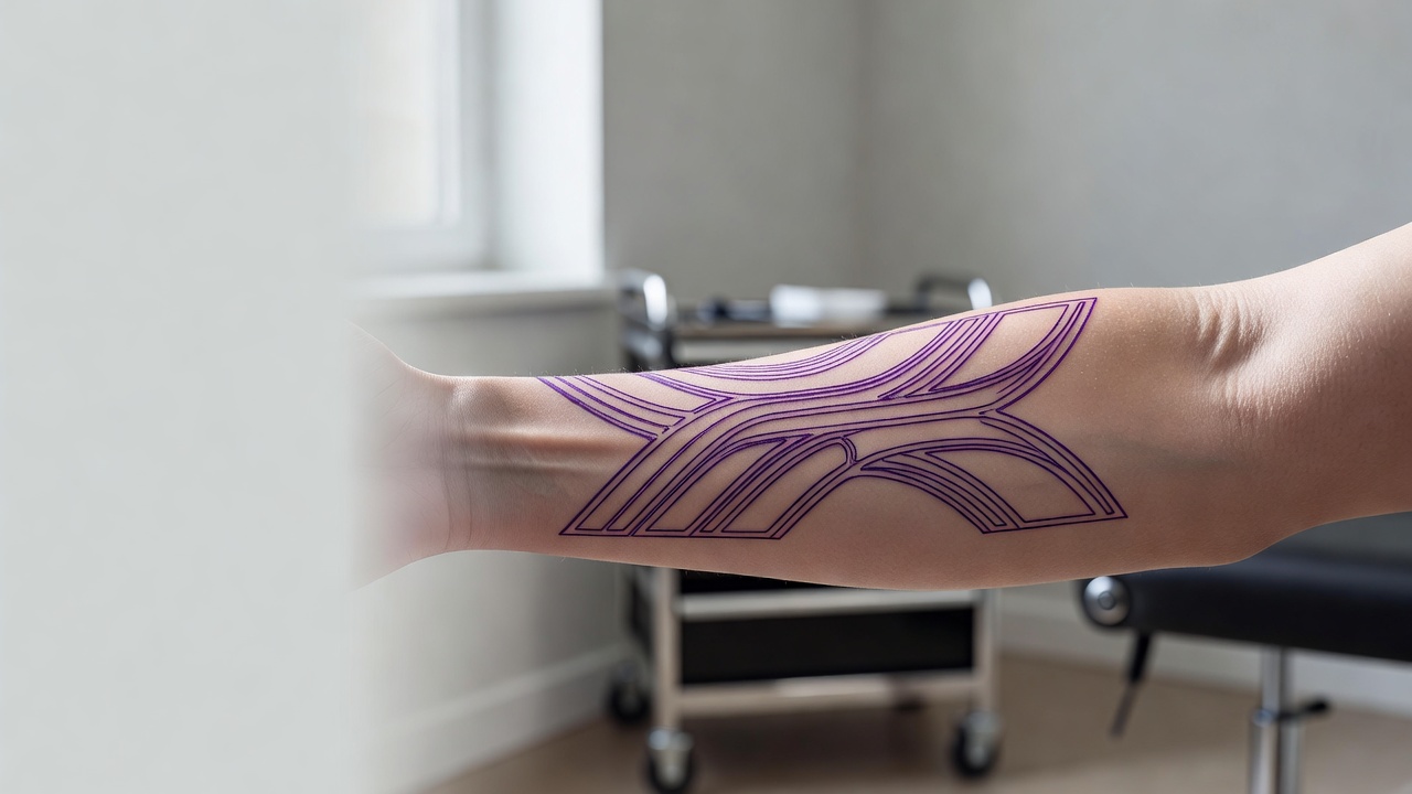 Un stencil de tatouage violet fraîchement transféré sur la peau propre d'un avant-bras prêt à être tatoué
