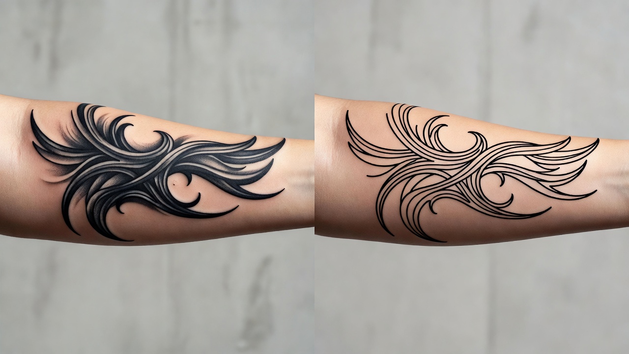 Côte à côte d'un design de tatouage ombré et du même design converti en tracé de stencil net par l'IA