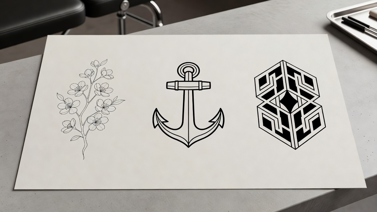 Comparaison des styles de stencil de tatouage fine line, traditionnel marqué et blackwork côte à côte