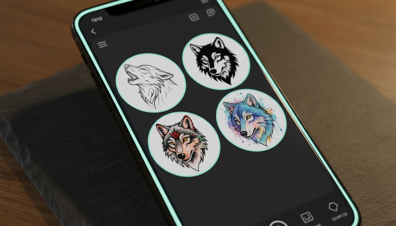 Tattoo design iterations in multiple styles displayed on a phone in a home studio setting
