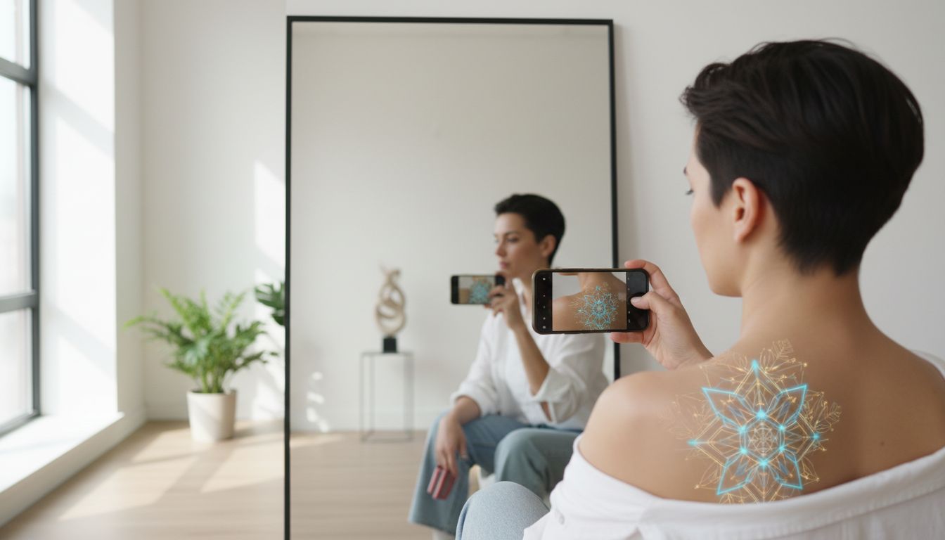 Smartphone displaying tattoo being moved and positioned on arm in real-time