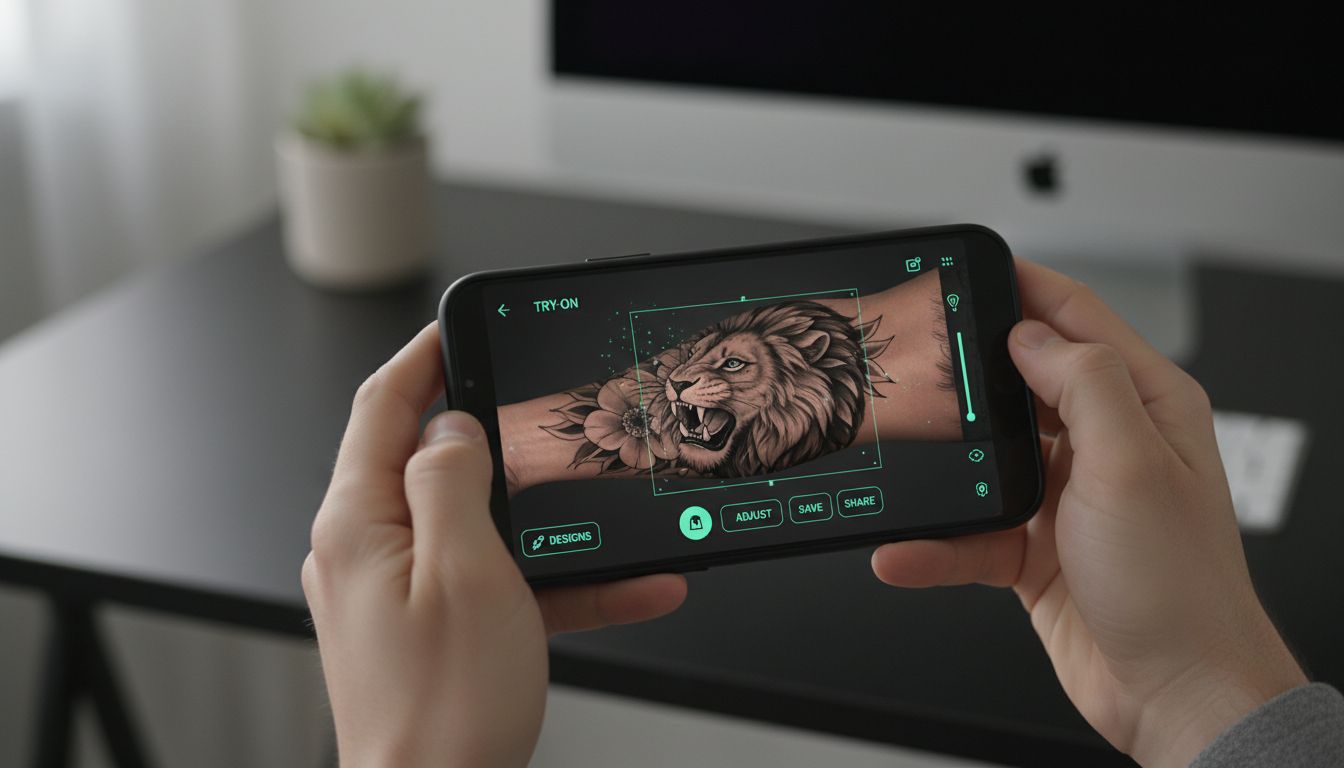 Person viewing their arm through smartphone showing AR tattoo preview overlay
