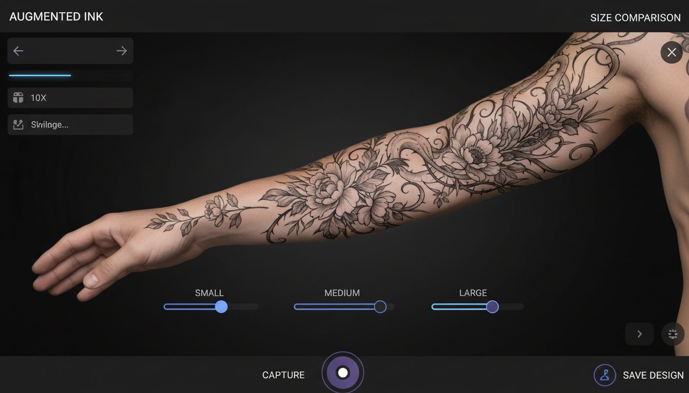 Same tattoo design shown in three different sizes on the same arm placement