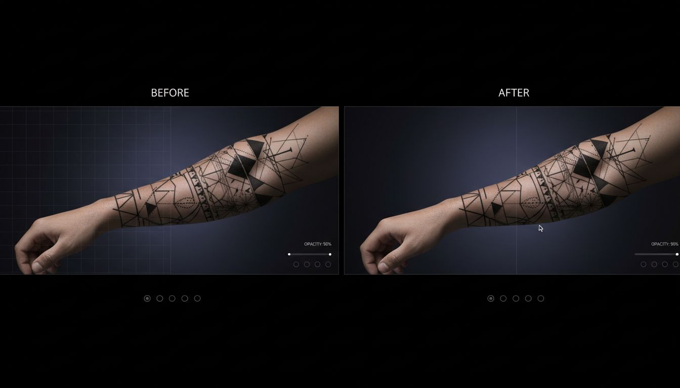 Split screen showing plain arm on left and same arm with virtual tattoo overlay on right