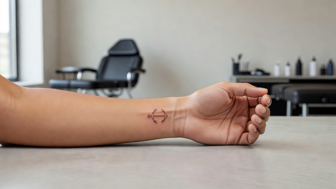Piccolo tatuaggio ancora fine-line sul polso che mostra un posizionamento minimalista popolare