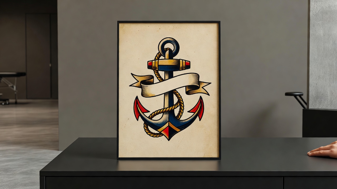 Design di tatuaggio ancora in stile marinaro vintage con banner e corda in arte tattoo tradizionale Americana