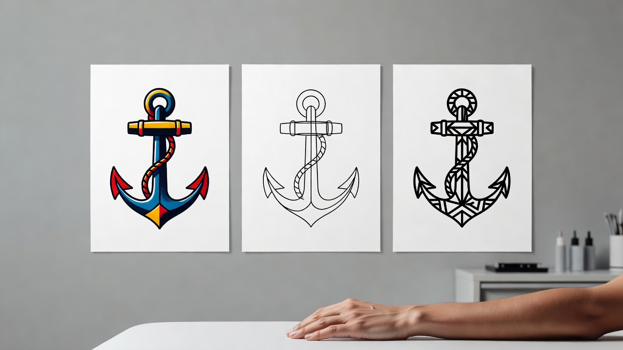 Tre varianti di stile di tatuaggio ancora che mostrano design tradizionale a colori, fine line e blackwork geometrico