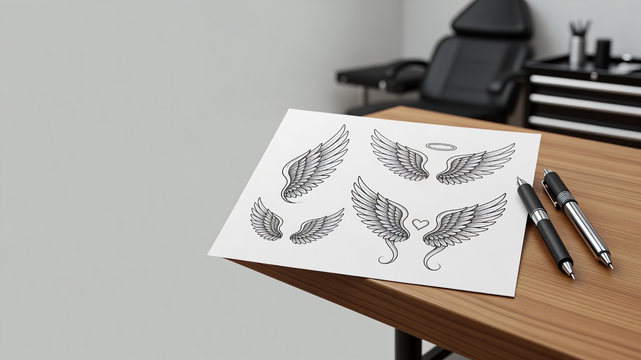 Hoja de flash con diseños de tatuajes de alas de ángel: ala sola, par de alas y alas con halo