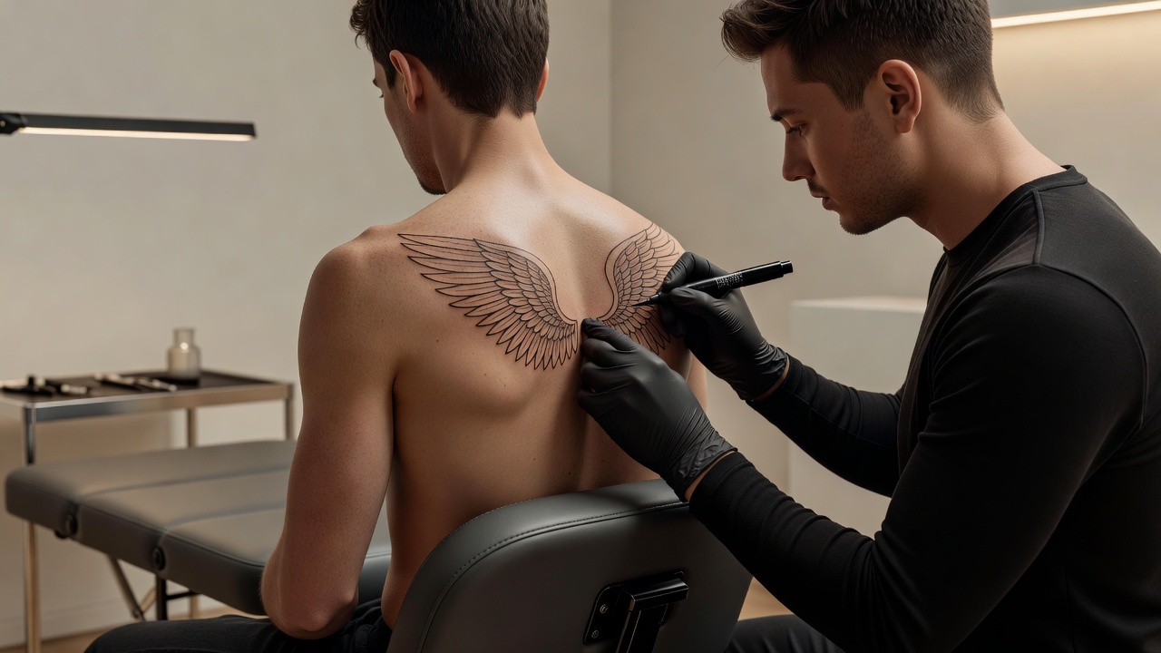 Tatuador dibujando el esténcil de un tatuaje de alas de ángel en la parte alta de la espalda antes de tatuar