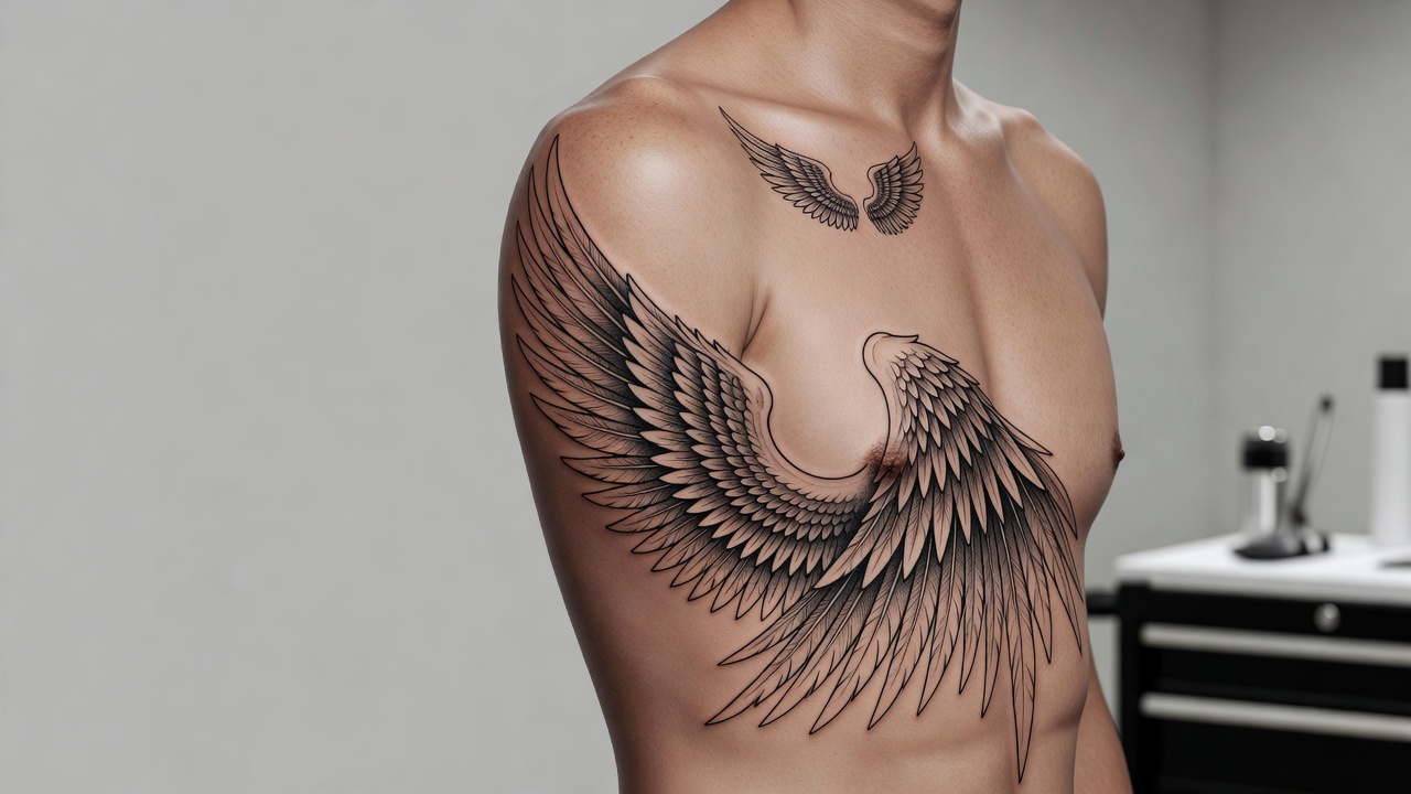 Tatuaje de alas de ángel en tinta negra a lo largo de las costillas y la clavícula