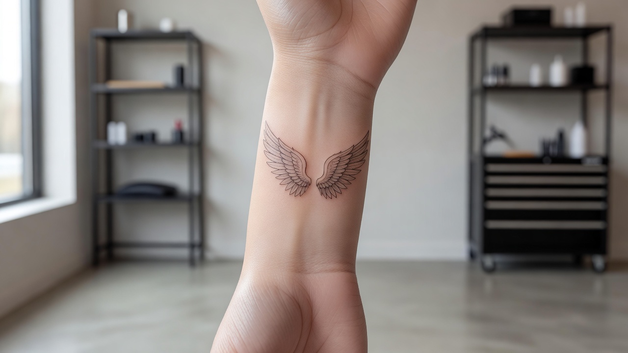 Pequeño tatuaje fine line de un ala de ángel en la muñeca que simboliza protección y libertad