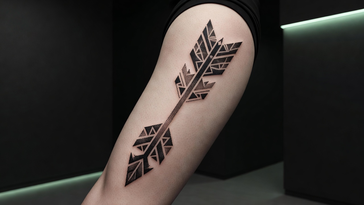 Geometryczny tatuaż strzały wykonany w technice dotwork z trójkątnym wzorem upierzenia na ramieniu
