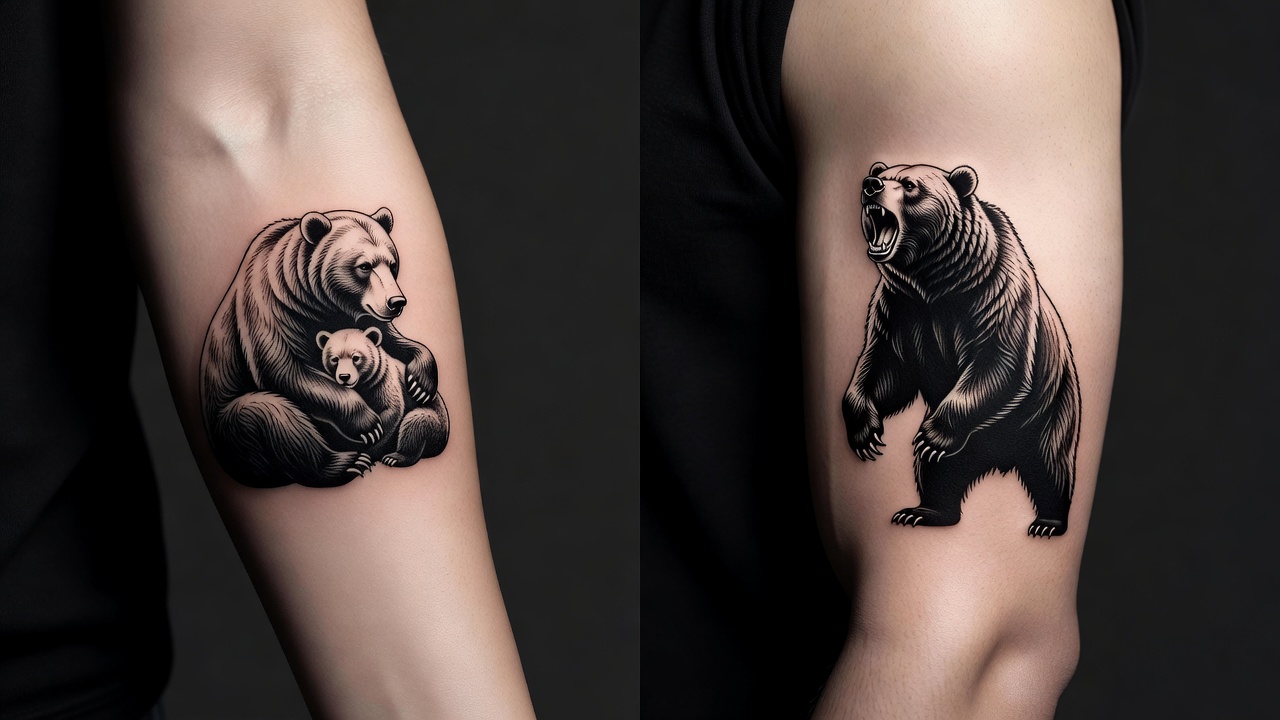 Mama bear and cub tattoo design next to a standing roaring bear tattoo illustrating how the composition changes the meaning