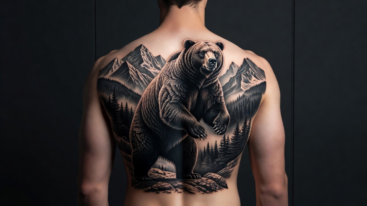 Large bear tattoo across the back and shoulders as a dramatic centerpiece