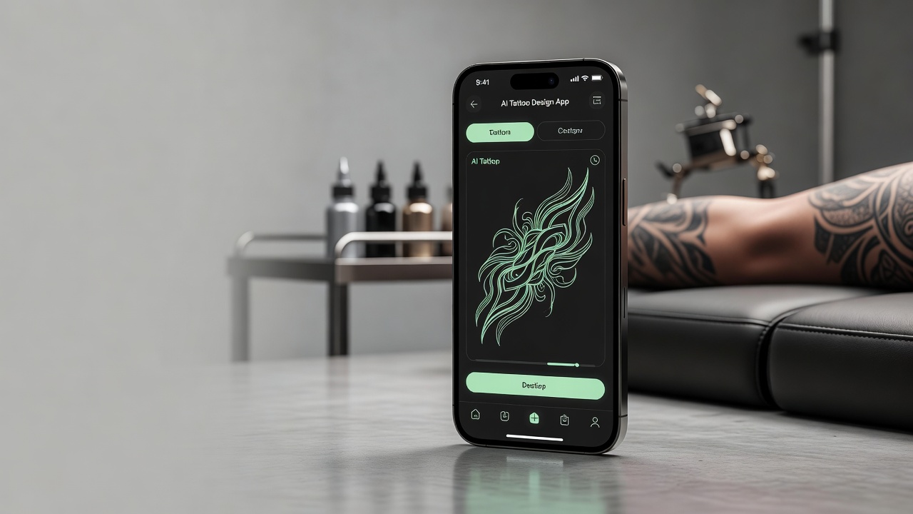 Best AI tattoo generator app of 2026 open on a smartphone showing a custom tattoo design in a tattoo studio