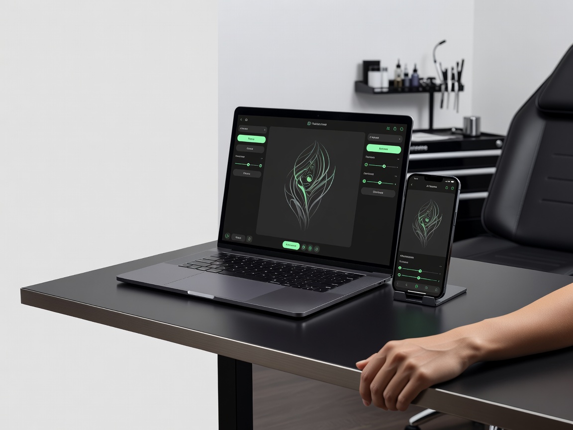 Laptop and smartphone both showing the same AI tattoo generator app interface with a custom tattoo design