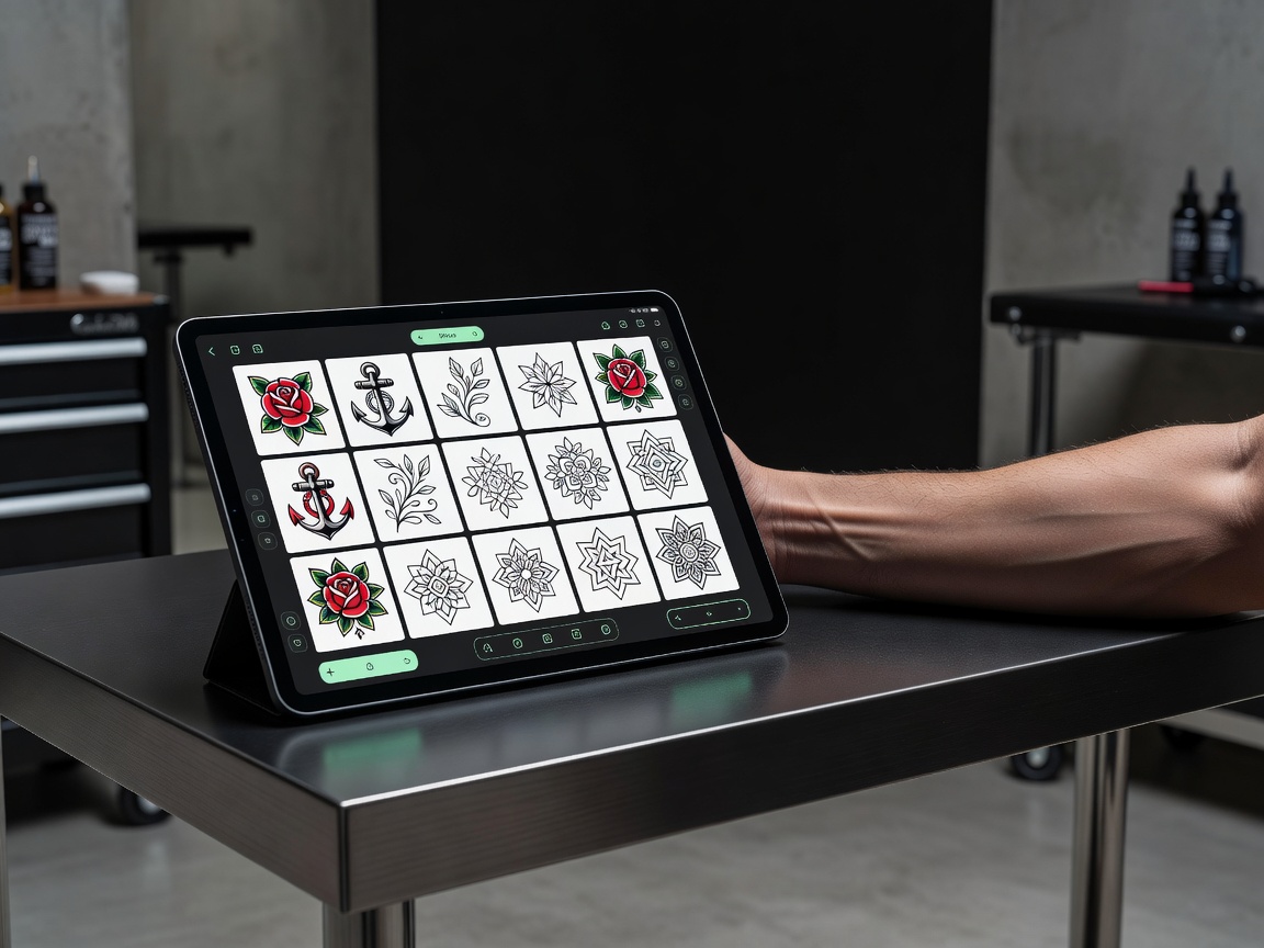 Grid of AI-generated tattoo designs in multiple styles including traditional, fine line and geometric on an app screen