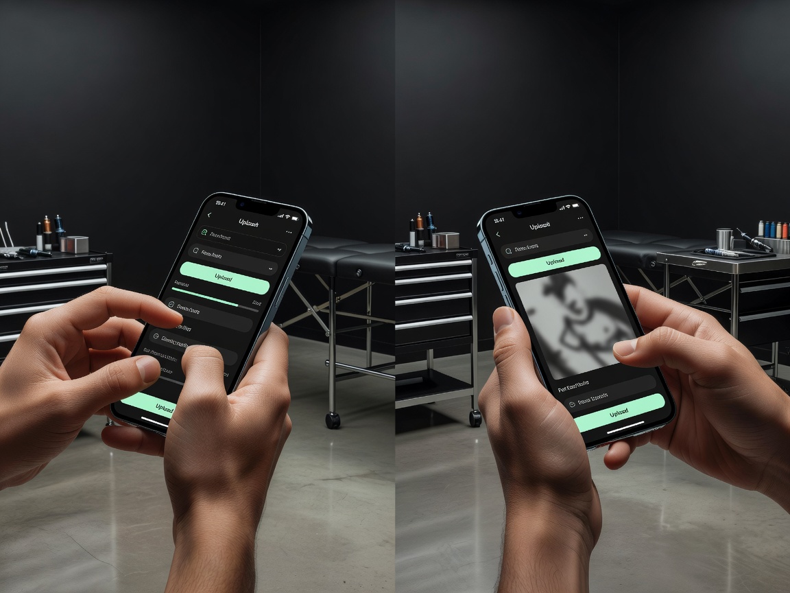 Split view of a person typing a tattoo idea into a phone app and uploading a reference photo in an AI tattoo generator