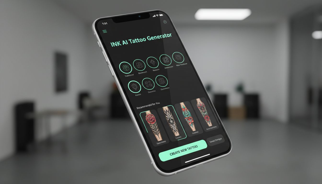 INK AI Tattoo Generator app interface showing style selection and design options on a smartphone