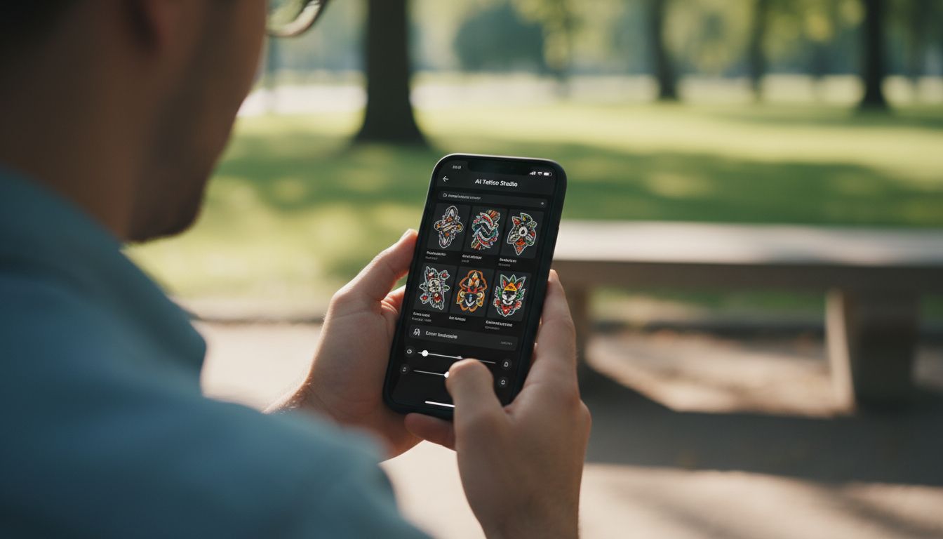 Person using AI tattoo generator app on smartphone, over-the-shoulder view