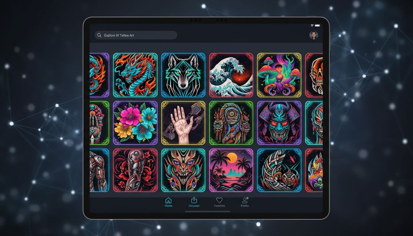 Gallery of AI-generated tattoo designs in various styles displayed in app interface