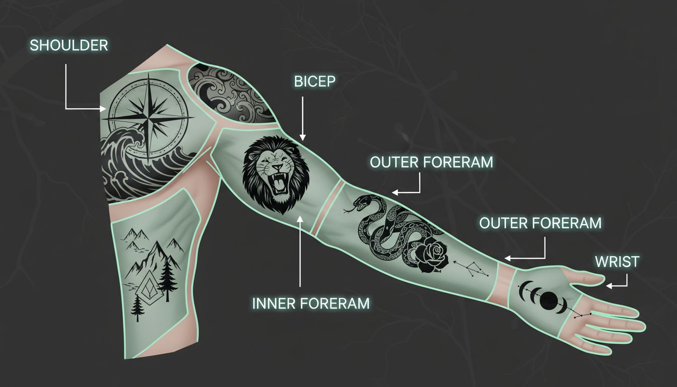 Diagram showing different arm tattoo placement options including inner forearm, outer forearm, bicep, and wrist
