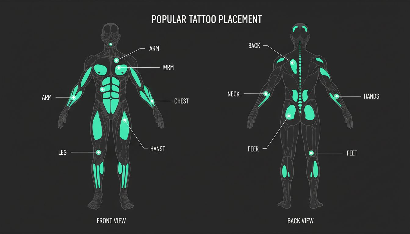 Human body silhouette showing popular tattoo placement areas with highlighted zones