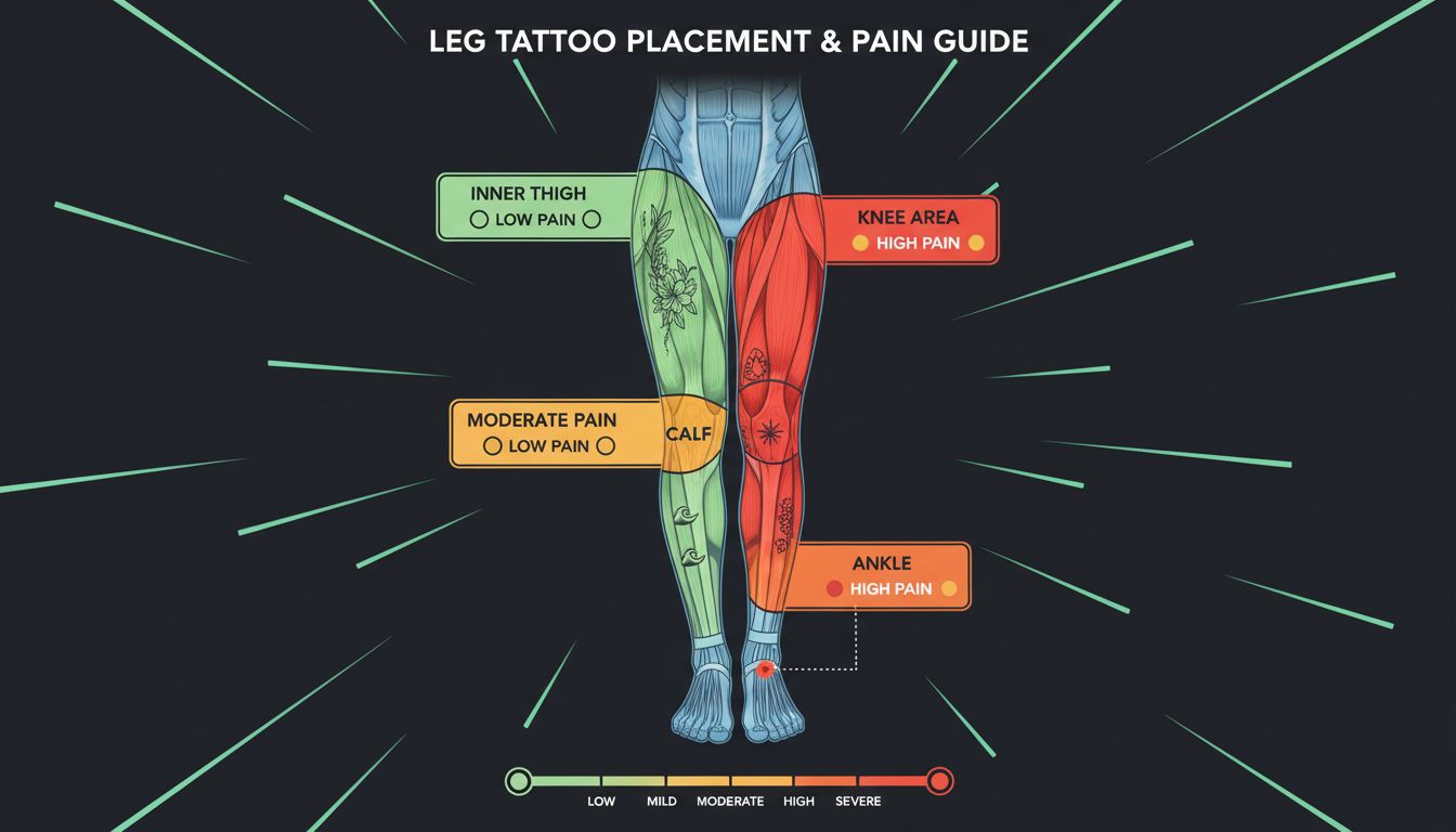 Diagram showing leg tattoo placement options including thigh, calf, knee, and ankle areas