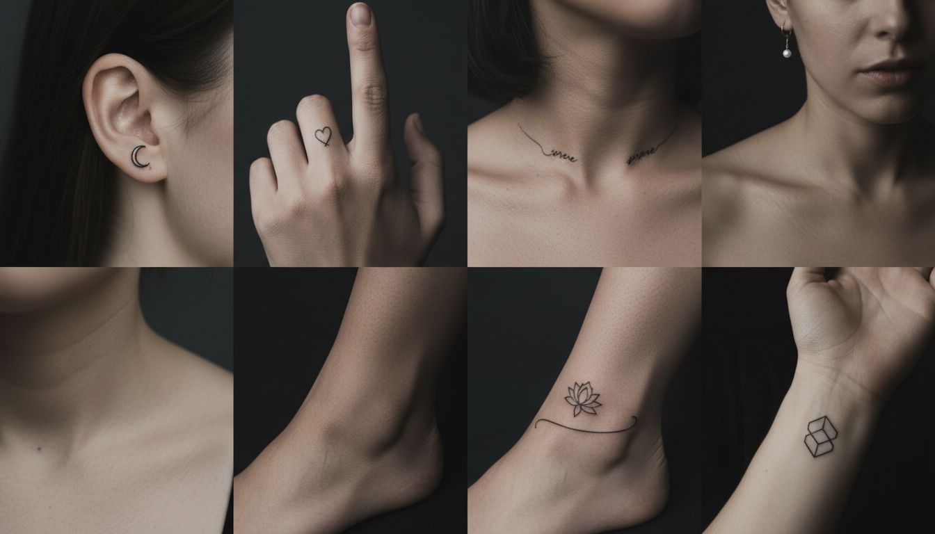 Collection of small tattoo placements including behind ear, finger, collarbone, ankle, and wrist