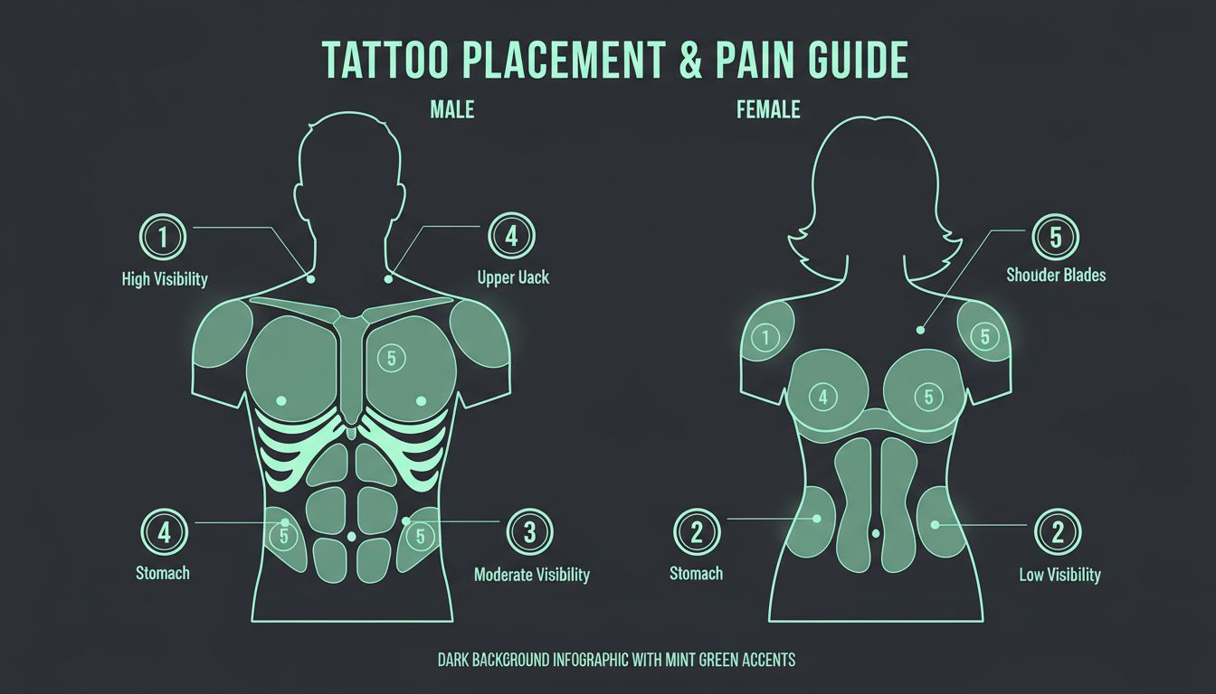 Diagram showing torso tattoo placements including chest, sternum, ribs, back, and stomach