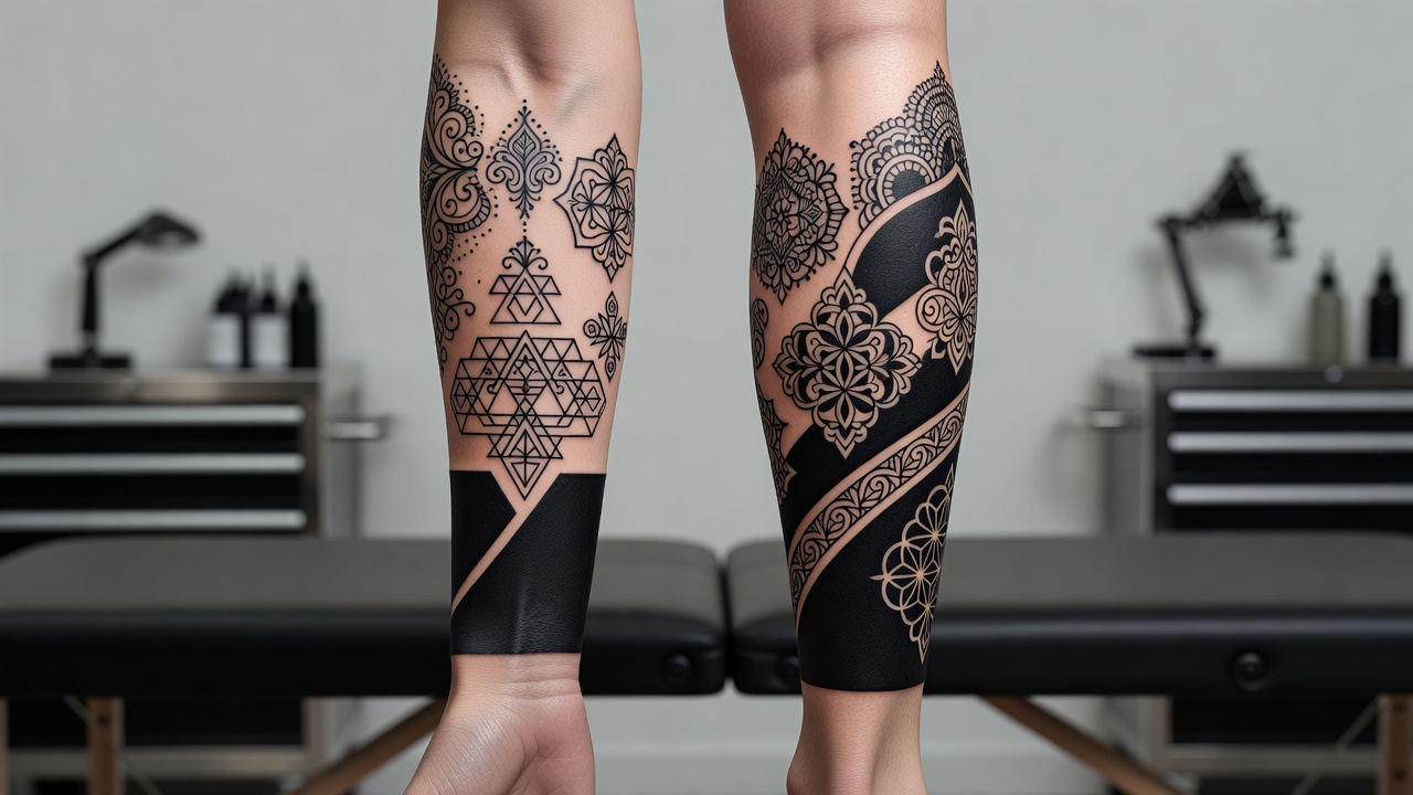 Collage of blackwork tattoo sub-styles including ornamental, geometric, and solid black designs on skin