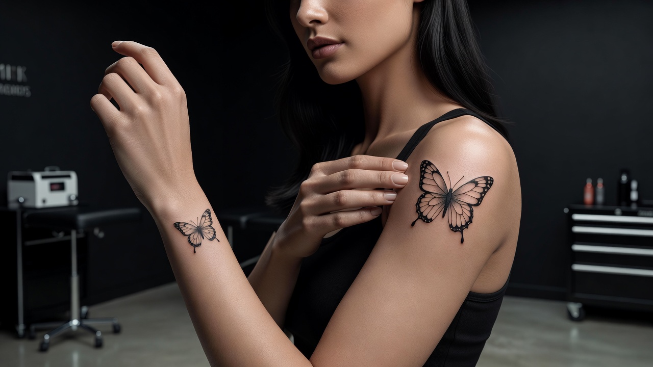 Ideen für Schmetterling-Tattoo-Stellen am Handgelenk, an der Schulter und an der Wirbelsäule, die zeigen, wie sich das Design skaliert