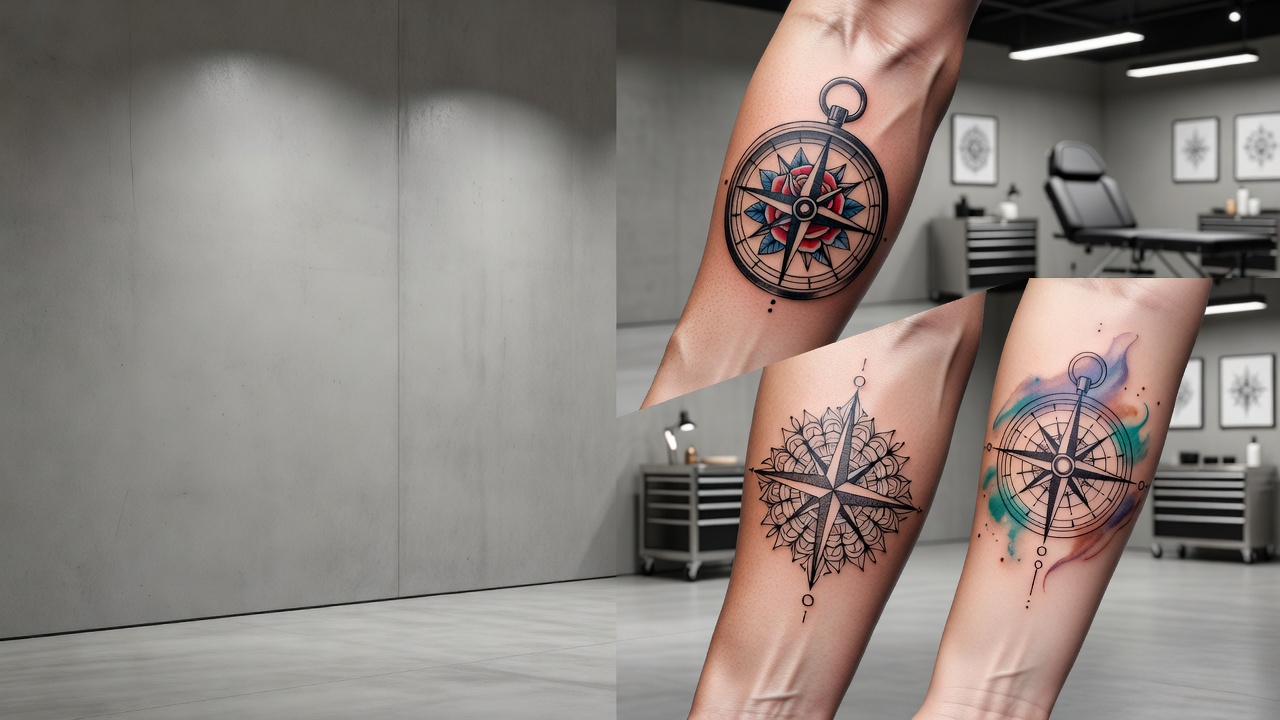 Kilka stylów tatuażu kompas w tym geometryczny blackwork i akwarelowe wzory kompasu