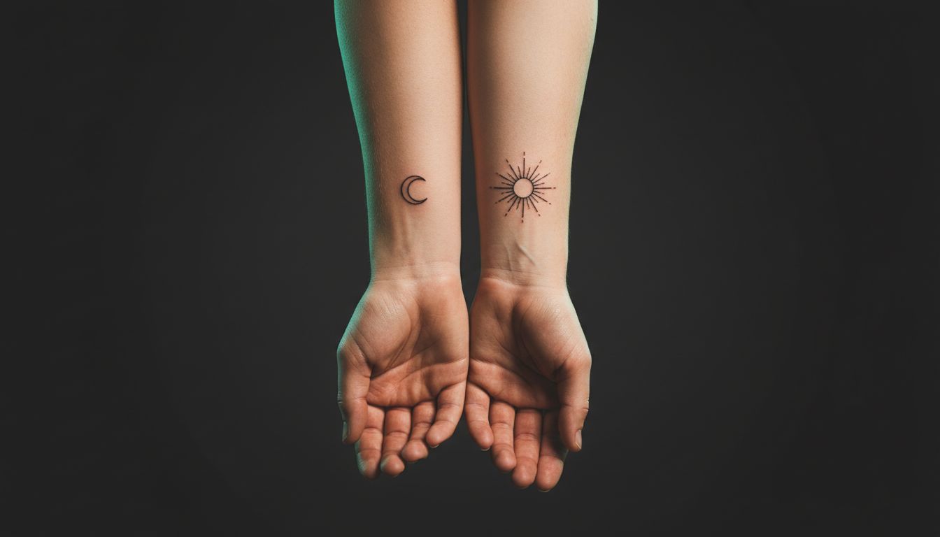Couples matching tattoos on two forearms held side by side showing complementary minimalist designs