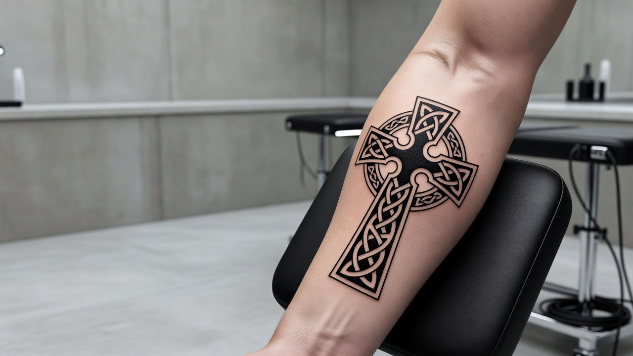 Keltisches Kreuz-Tattoo mit kunstvollen Knotenmuster-Details als Symbol für Herkunft und Ewigkeit