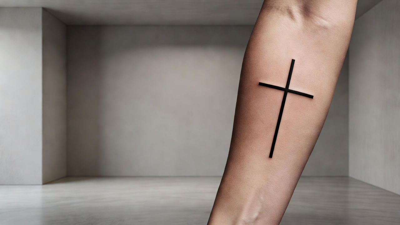 Schlichtes schwarzes Kruzifix-Tattoo-Design als Symbol für christlichen Glauben und Opfer